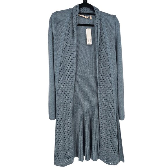 Soft Surroundings Long Duster Cardigan M Blue Crochet Pleated Boho Cottagecore - Picture 1 of 11